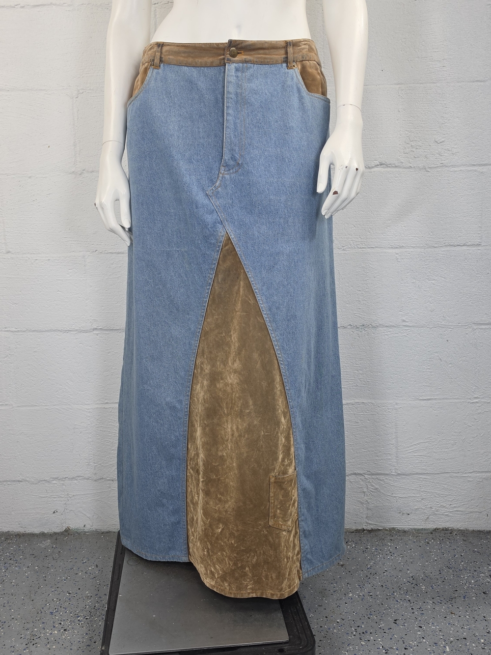 Forenza Vintage 90s Denim/ Faux Suede Panel Maxi Skirt